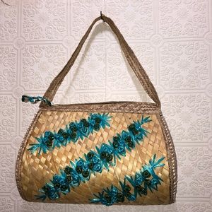 Woven Straw Purse with Blue and Teal Flowers